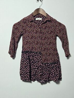 Zara Girls Floral Long Sleeve Dress Button Front Tiered Black Pink Mixed Print 5